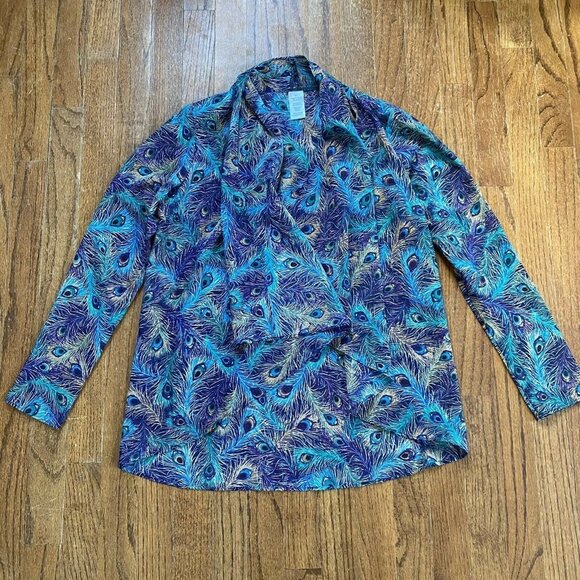 Evening Jacket Sheer Peacock Feathers Cascade Cover Up Open Cardigan Size Small - Picture 4 of 9
